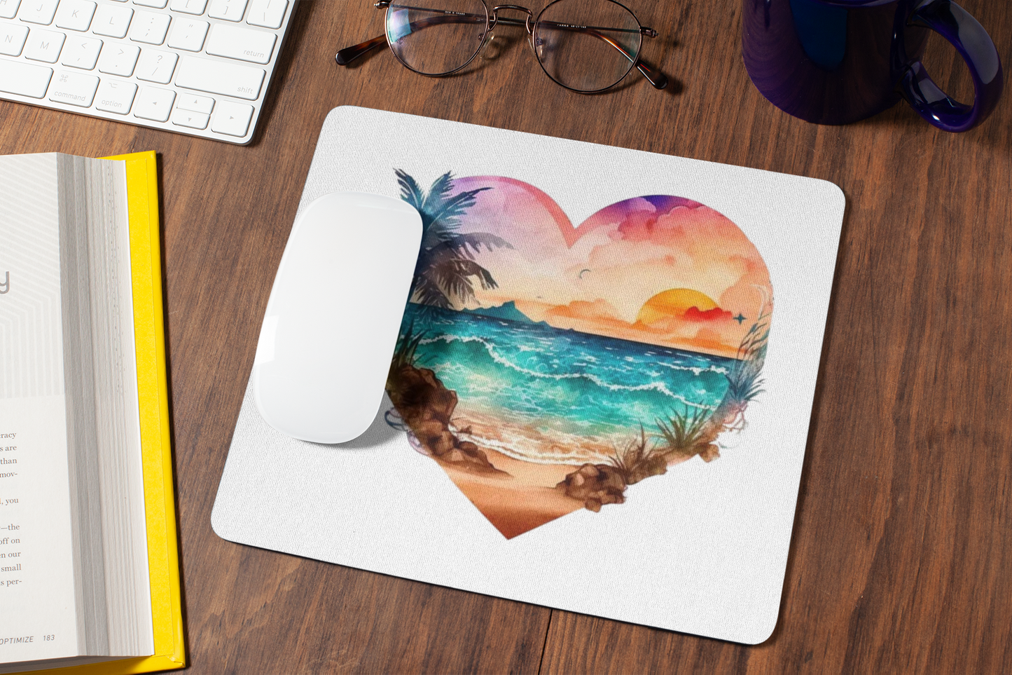 Heart Shape Tropical Beach Scene Mouse Pad