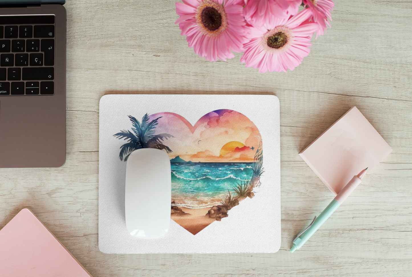 Heart Shape Tropical Beach Scene Mouse Pad